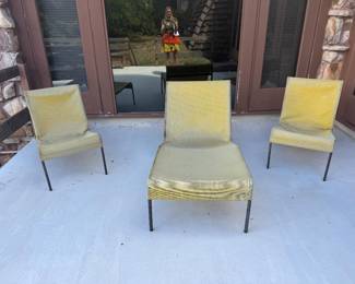 #44 - $300 Lot Vintage MCM modern mesh chaise lounge & 2 chairs yellow- worn 