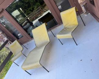 #44 - $300 Lot Vintage MCM modern mesh chaise lounge & 2 chairs yellow- worn 