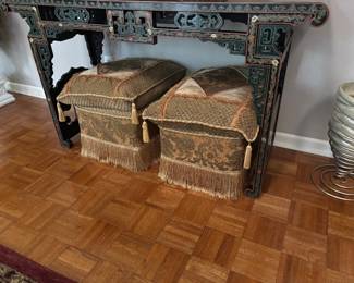PAIR OF OTTOMANS  AND ORNATE TABLE