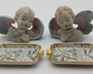 Vintage Lefton Porcelain HandPainted Pastel Bisque CherubsAngel Tray Set