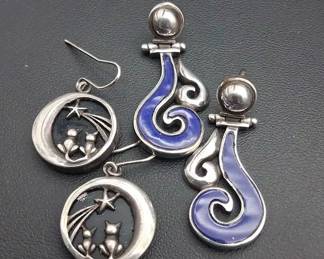 1 Pair Sterling Blue Swirl Earrings and 1 Pair Sterling Black Cat Earrings
