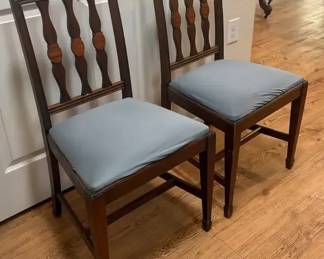 Vintage Pair of Wood Splat Back Dining Chairs with Gray Upholstered Seats B