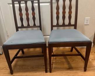 Vintage Pair of Wood Splat Back Dining Chairs with Gray Upholstered SeatsA