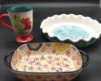 Pioneer Woman Turquoise Floral Paisley Scalloped Pie Plate, Ceramic Pedestal Latte Mug, ONECCI Retro