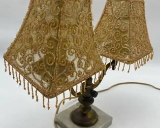 Vintage Double Boudoir Table Lamp with Ornate Beaded Fringe Shades Approx. 12 H