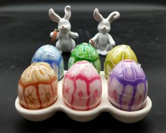 Vintage Fitz Floyd Ceramic Bunny Salt Pepper Shaker Hand Sculpted Egg Candle Set