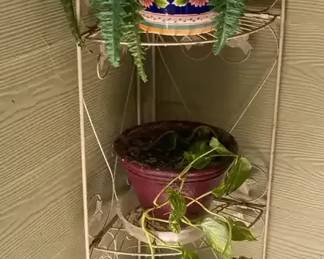 Corner Plant Shelf W Plant Stand And Glazed Clay Pot