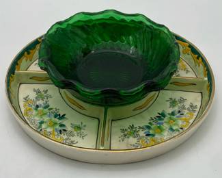 Vintage Japanese Serving Tray W 2 Emerald Green Scalloped Glass Bowls