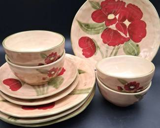 Ceramic Stoneware Fleur Rustique Ambiance Collection 4 Dinner Plates, 2 Salad Plates 4 Bowls