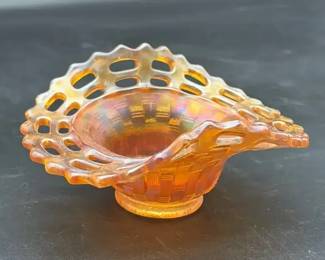 Fenton Carnival Glassware Iridescent Basket Weave Bowl w Open Lattice Edge