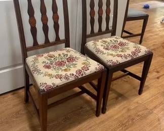 Pair of Vintage Wood Dining Chairs with Floral Upholstered Seats Spindle Backs