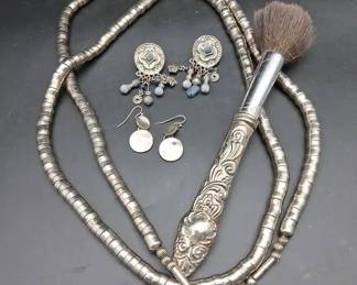 Vintage Metal Chunky Necklace 46in, Earrings, And Pressed Metal Makeup Brush