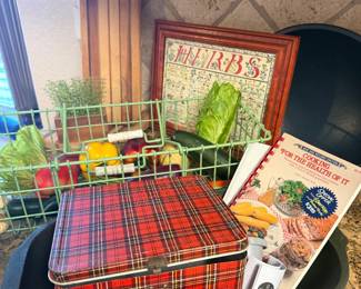 Vintage lunchbox, fake fruit, picture, dough bowl