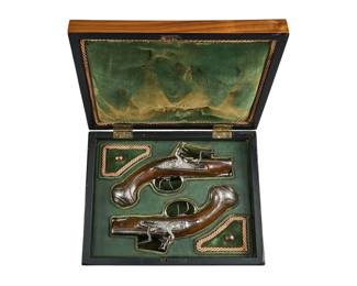 Cased Antique European Engraved Double Barrel Flintlock Pistols