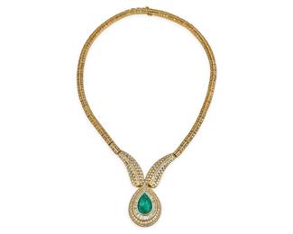 14K Emerald Teardrop Diamond Necklace
