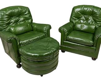 Green Leather Armchairs and Ottoman