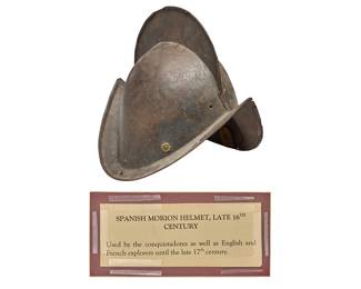 Antique Spanish Morion helmet used by the conquistadores, English, and French explorers until the late 17th century, circa late 16th century, includes institution placard