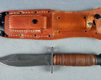 Fixed Blade Knife With Serrated Back Edge, 5" Blade, With Whetstone In Leather Sheath