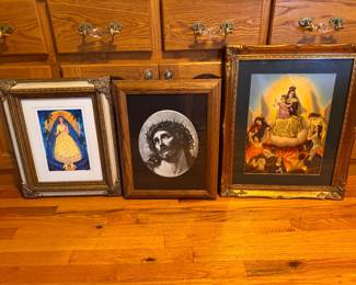 Left- Virgin of Guadalupe/St. Juan Diego Stylized Print, framed. $40. (SOLD) Middle- Ecce Home/Christ with Crown of Thorns, framed. $25. (SOLD)  Right- Our Lady of Mount Carmel delivering Souls from Purgatory, framed. $65