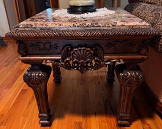 Rococo/Baroque style marble-top square end table or side accent table. We have 2 of these. Approx. 28 x 28 x 28h. $100 each.
