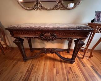 Rococo/Baroque style marble-top console sofa table. Approx. 54w x 35 1/2h x 22d. $175