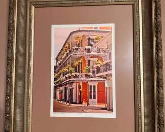 Framed artwork depicting LaBranche House in the French Quarter of New Orleans. Artist, Gail Brittain Gilchrist. Numbered 3/300. $75.00