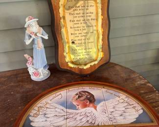 Porcelain Lady Figurine. $5. HOMCO Ten Commandments Wooden Wall Plaque. $12. Fan-Shaped "Angels Watching from Above" Triptych $8. 