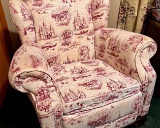 Vintage Wingback Armchair- Louisiana/New Orleans Toile de Jouy fabric pattern. Price reflects staining that may be cleaned. Approx. 34w x 32h $40