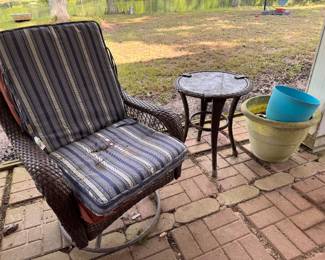 Resin Wicker Swivel Rocker Chair. $15. Round Wicker Accent Side Table with Glass Top. $15. Misc. Garden pots. 