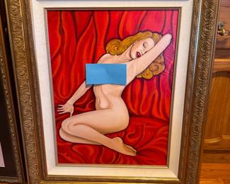 Very Large signed painting by established contemporary abstract and fine artist, Michael Costantini, dated 2015.  Features the iconic 1979 Marilyn Monroe "Red Velvet" pin up pose paired with ornate gold frame and linen liner. Breast covered with blue for modesty.  Approx. 34 x 27.  More info coming soon....