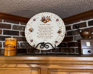 Left to Right: Cafe Du Monde Measuring Cup. $5. Cafe Du Monde Coffee Canister. $5. Vintage "Kitchen Prayer" Display Plate with stand. $15. Vintage Zassenhaus No. 498 Square Wooden Box Coffee Grinder. $55. 