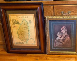 Left- Vintage St. Lucia 1978 Xandra Fisher signed map print framed. $50. Right- Vintage Madonna and Child portrait, framed. $20