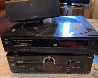 Top: Optimus Center Channel Speaker. $15. Middle: JVC XL-M303 Compact Disc Automatic Changer. $45.  Bottom Unit: Panasonic SAHE70 AV Control Receiver. $45.