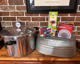 Lef to Right: Presto Pressure Canner & Cooker. $50. Vintage galvanized steel oval wash tub. $20. Vintage Ball & Bi-Lo Canning Jar storage caps. $5. Aluminum pie pans. $5