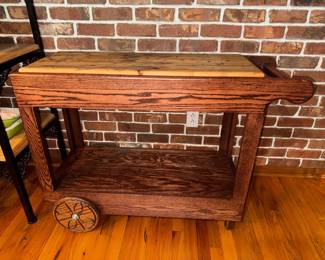 Vintage-style wooden rolling tea/bar cart. Solid Oak. Approx. 42w x 31h x 15 1/2 d. $150.
