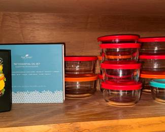 Left to Right: Boxed Fragrance Oil Gift Set and Plant Therapy Essential Oils Boxed, $10 each. Pyrex Simply Store Glass Food Storage Bowls with Lids, $15 entire set.  (SOLD)