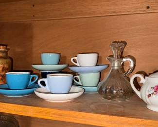 Left to Right: Vintage French Mustard Stoneware Jar, $12. MCM Pastel Espresso/Demitasse Cups & Saucers, (group of 6 sets) $30. Clear Glass Cruet/Vinegar Decanter, $5. Porcelain Floral Double-Handled Sugar Bowl, $10. 