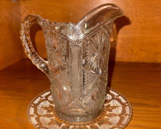 Early American Pressed Glass water pitcher. Star and File pattern by the Imperial Glass Company. $25..00