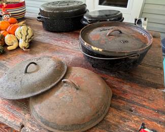 Lodge #14 Cast Iron Camp Dutch Oven. $75. Vintage Loose Cast Iron Skillet Pot Lids. $25 each. 