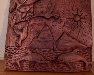 Vintage hand-carved tropical mahogany or monkepod wood relief wall plaque. $15
