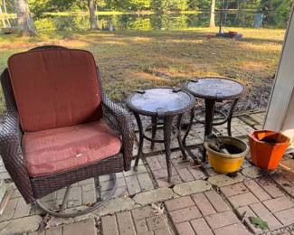 Resin Wicker Swivel Rocker Chair. $15. Round Wicker Accent Side Table with Glass Top. $15 each. Misc. Garden Pots. 