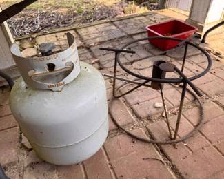 20 lb. Propane Tank and Outdoor Single-Burner Propane Prop Cooker Stand. $45 as a set. 