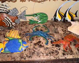 Collection of colorful metal sealife crustaceans! The green shrimp, blue crab and orange crawfish are signed originals by artist Jeremiah from 2011-2012.  $15 each. The others are mass produced. $5-10 each.  Large King Helmet Shell $8. 