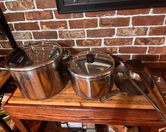 From left to right- Vintage 6-Quart Revere Ware stock pot and lid with copper bottom. $25 (SOLD).  Medium vintage Revere Ware saucepan and lid. $15. (SOLD) Stainless steel skillet. $10. (SOLD) Large utensils. $10 each.