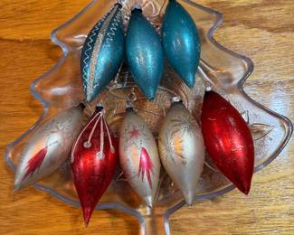 Vintage mid-century teardrop and torpedo-shaped glass ornaments. $8 each.Will also make bundle price.  