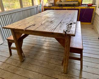 Rustic Sinker Cypress Table with 2 benches. Table: Approx. 79 1/2 x 43 x 31 1/2”h. Benches: 64 x 10 x 19”h. $225.