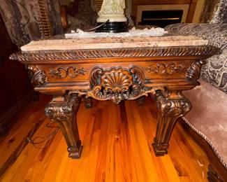 Rococo/Baroque style marble -top square end table or side accent table. We have 2 of these. Approx. 28 x 28 x 28h. $100 each.