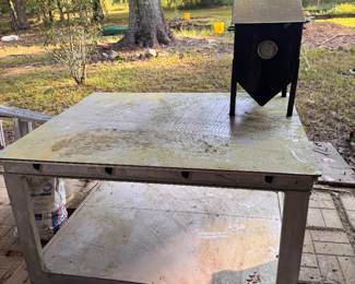 Stainless Steel/galvanized metal commercial-grade, multi-tier utility table with Cajun Fryer/Propane Deep Fryer Unit Attached. $115. 