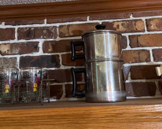 Left to Right: Vintage Gay Fascination/Cavalier Tumbler Glasses (8) & Metal Caddy Set. $40.  Lindy's Stainless Steel 10-Cup Stovetop Drip Coffee Maker. $45. Vintage French Ceramic "Herbes de Provence" Spice Lidded Crock. $15. 