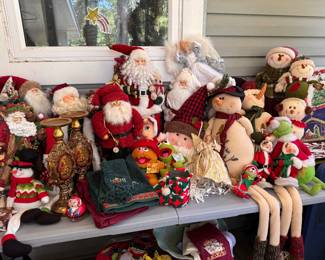 Vintage Christmas! Fabric Santa's, Resin Woodland Santa, assorted Santa figures, Snowmen, Vintage plush, Angel tree topper, etc. - We will give bulk pricing as you shop. 